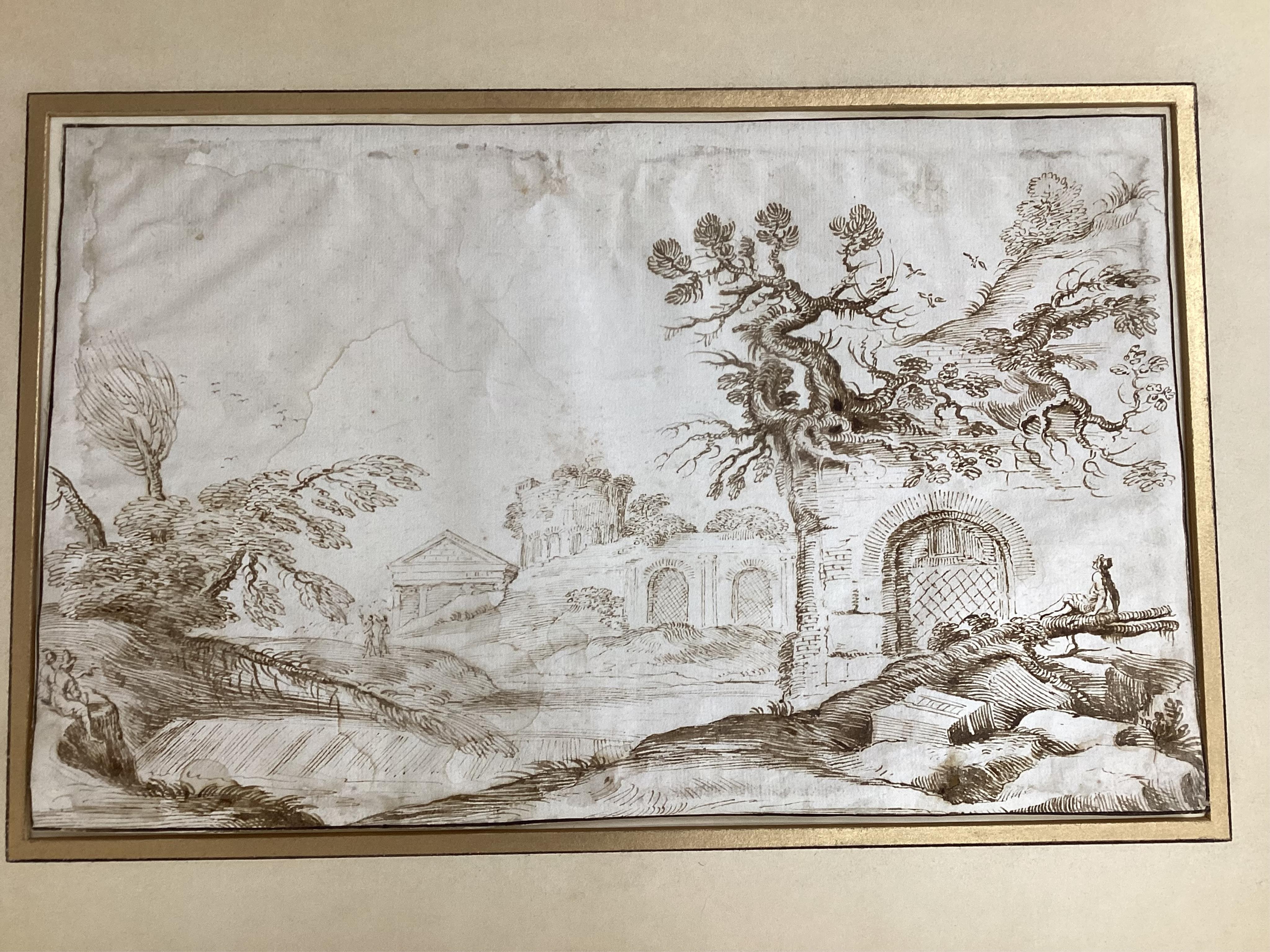 18th century Italian, old master sepia ink sketch, Landscape with ruins, mounted, 25 x 40cm, unframed